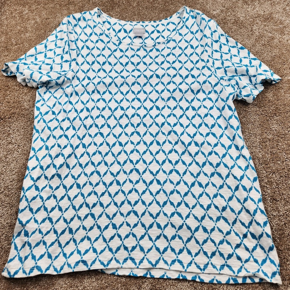 CHICO'S Shirt Size 2‎ XXL  Womens Blue Geometric  Buttoned Back Stretchy